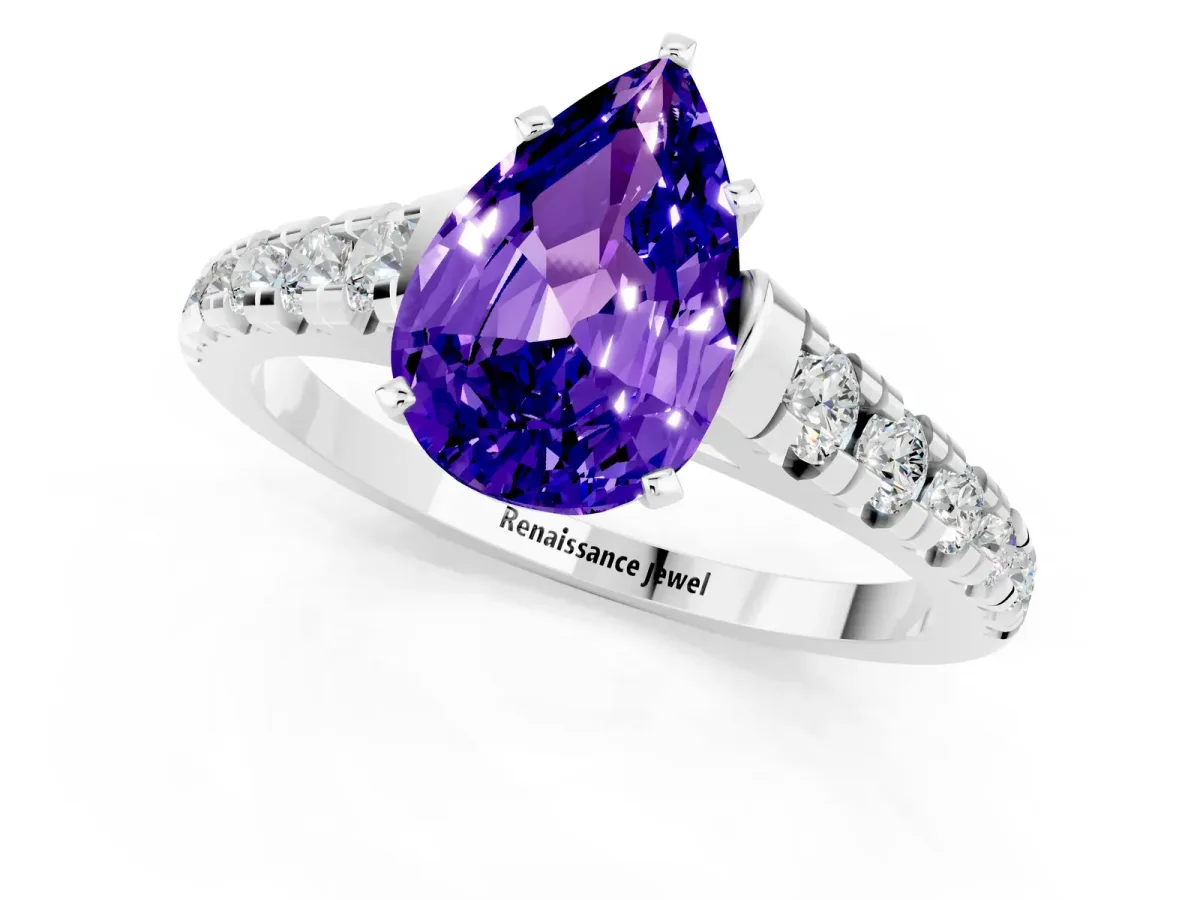 Pear Cut Tanzanite Cathedral Solitaire Ring with Round Pavé Band Silver