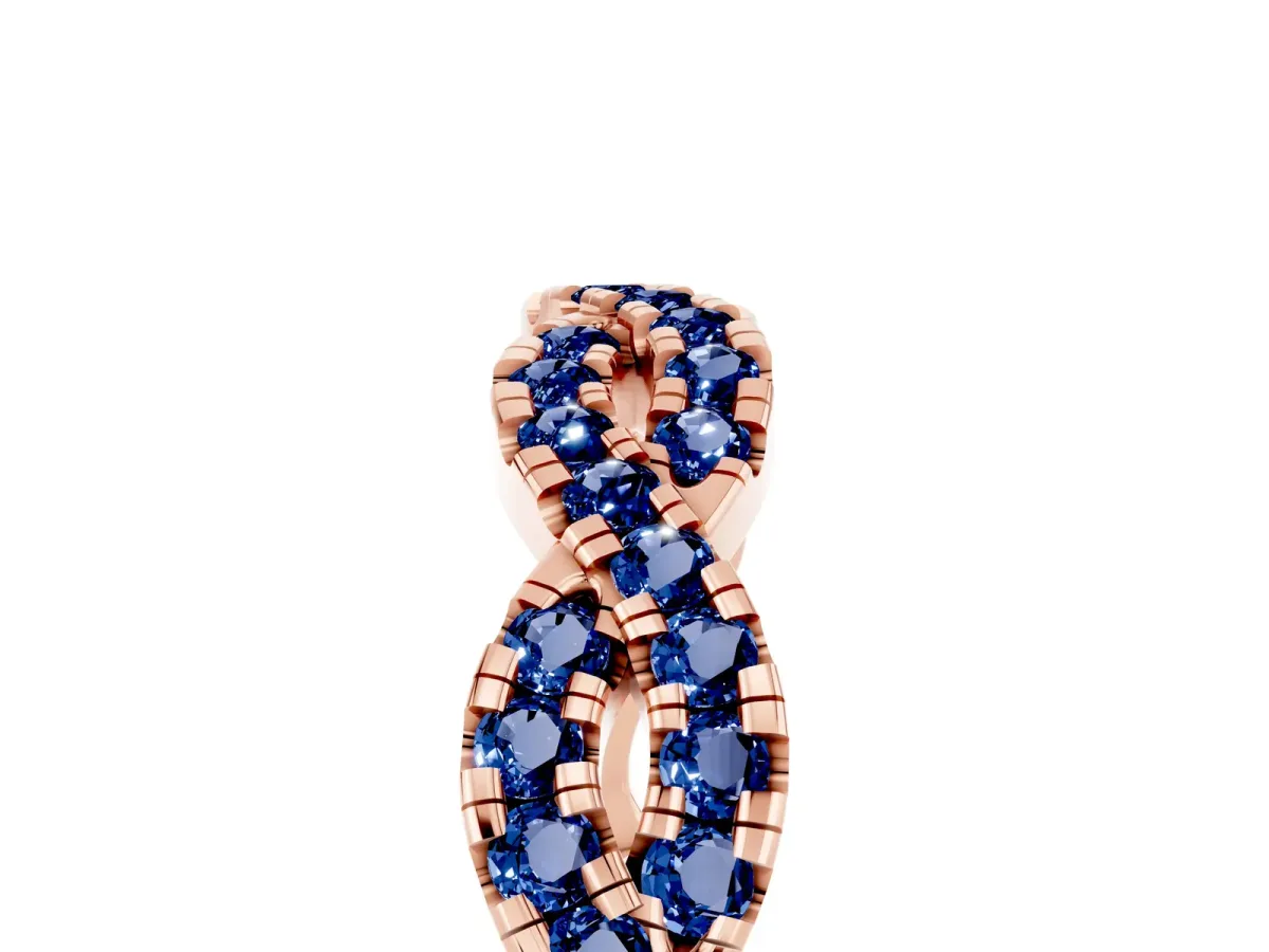 Round Blue Sapphire Twisted Eternity Band with Pavé and Shared Prong Setting Rose gold