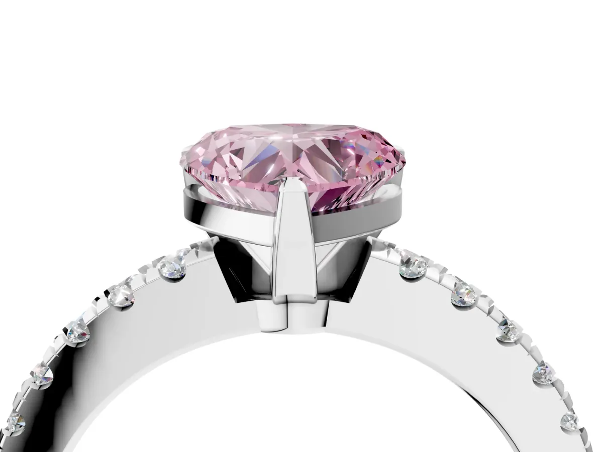 Fancy Pink Heart Cut Solitaire Diamond with Pavé Band and Four-Prong Setting Silver