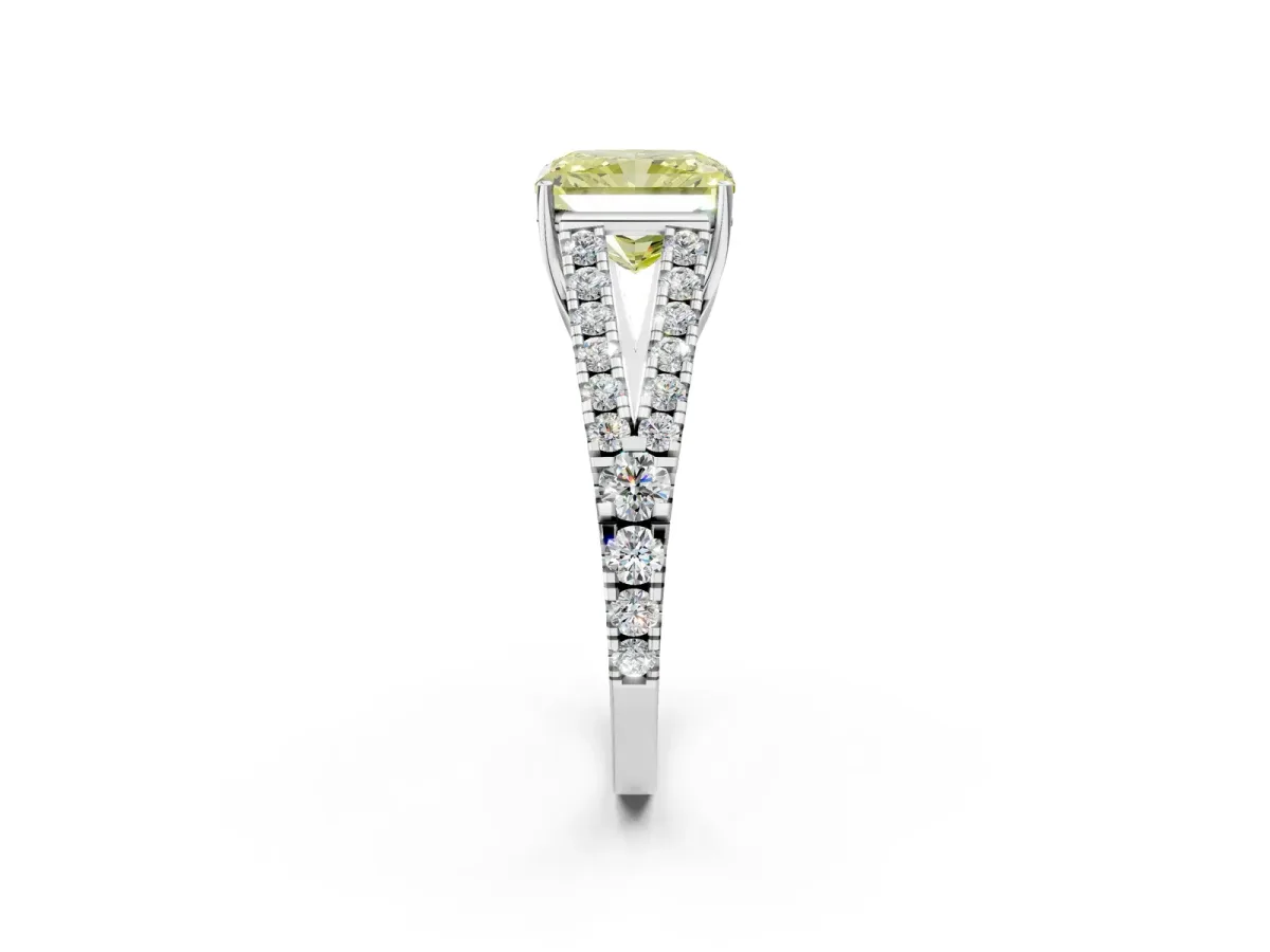 Fancy Yellow Radiant Cut Diamond Split Shank Pavé Engagement Ring with Four-Prong Setting White gold