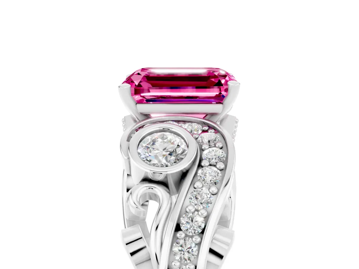 Emerald Cut Pink Sapphire Solitaire Ring with Milgrain Pavé Band and Four-Prong Setting Silver