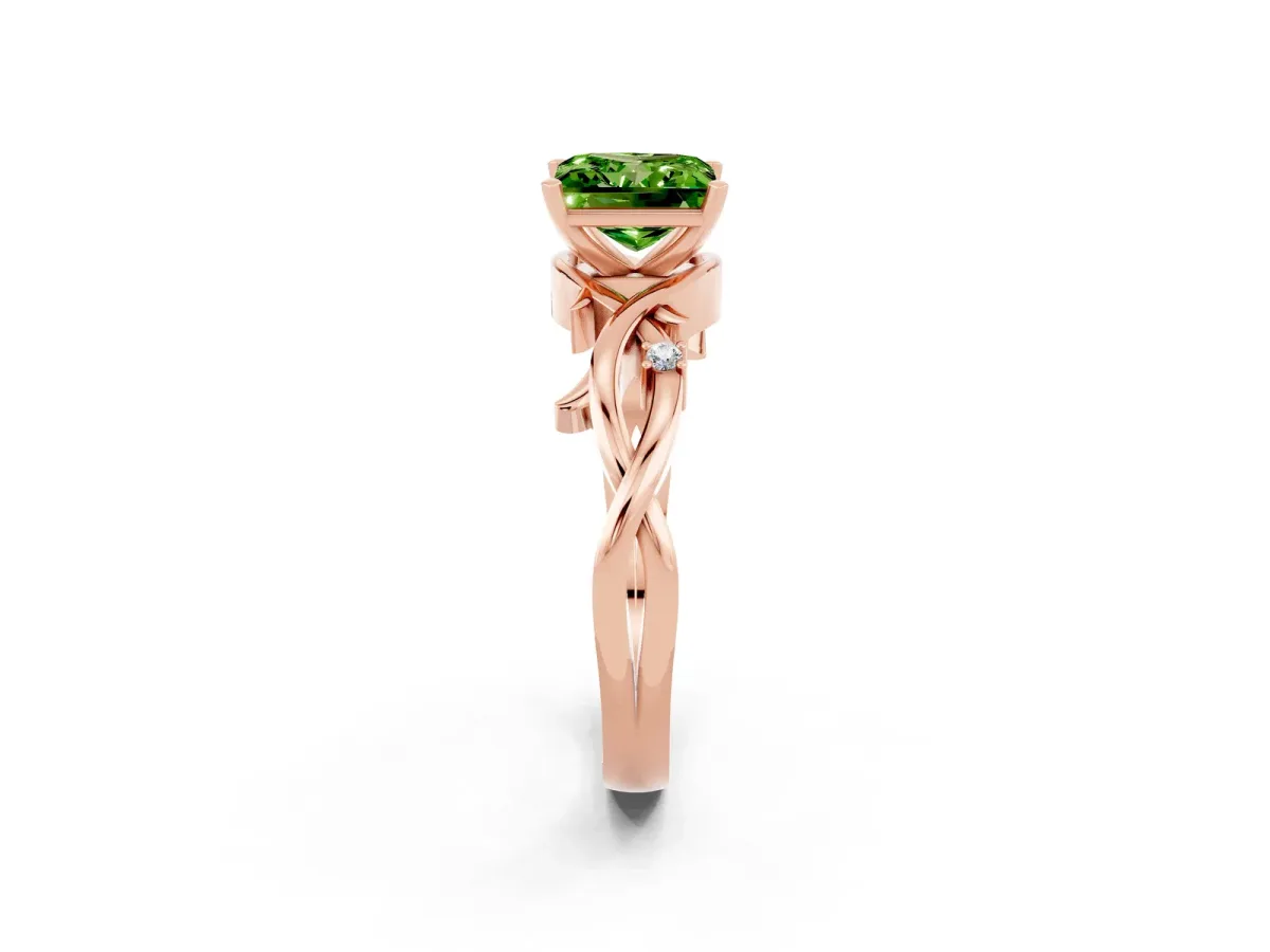 Princess Cut Peridot Solitaire Ring with Twisted Band and Prong Setting Rose gold
