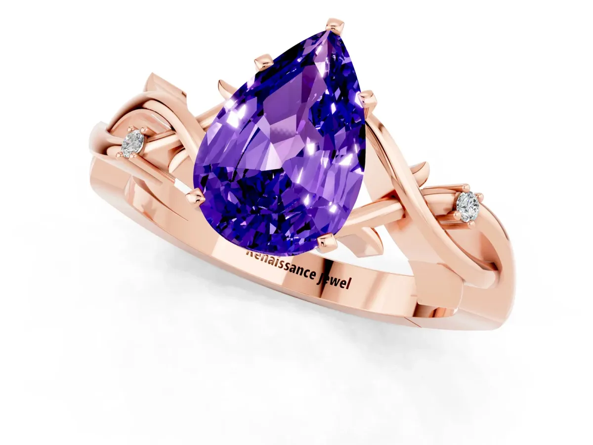 Pear Cut Tanzanite Solitaire Ring with Twisted Band and Prong Setting Rose gold