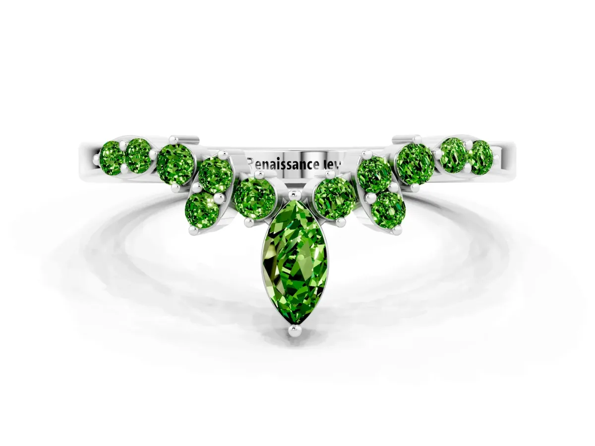 Marquise and Round Peridot Chevron Band with Prong Setting White gold