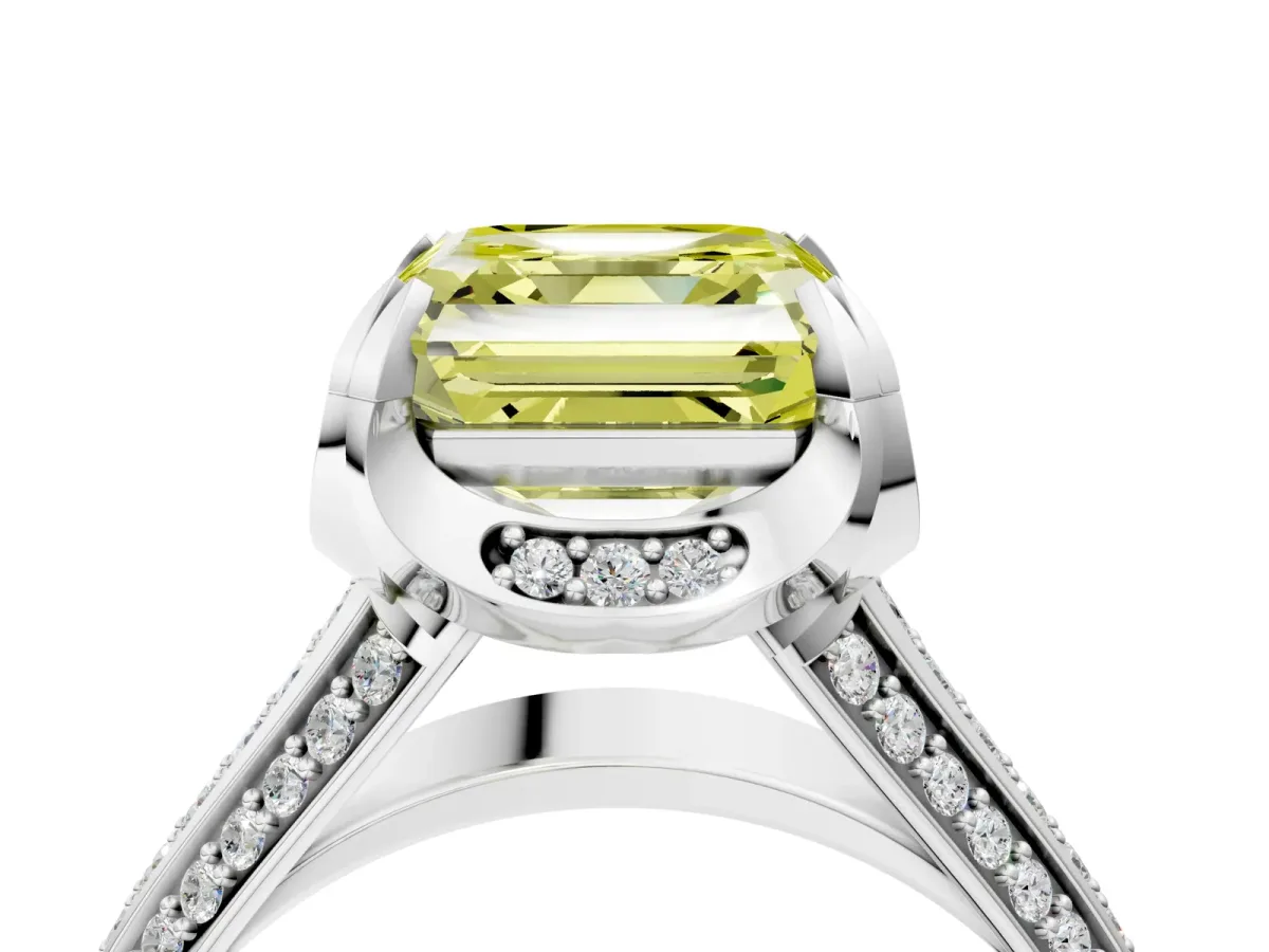 Fancy Yellow Asscher Cut Solitaire Pave Split Shank Ring with Four-Prong Setting Platinum