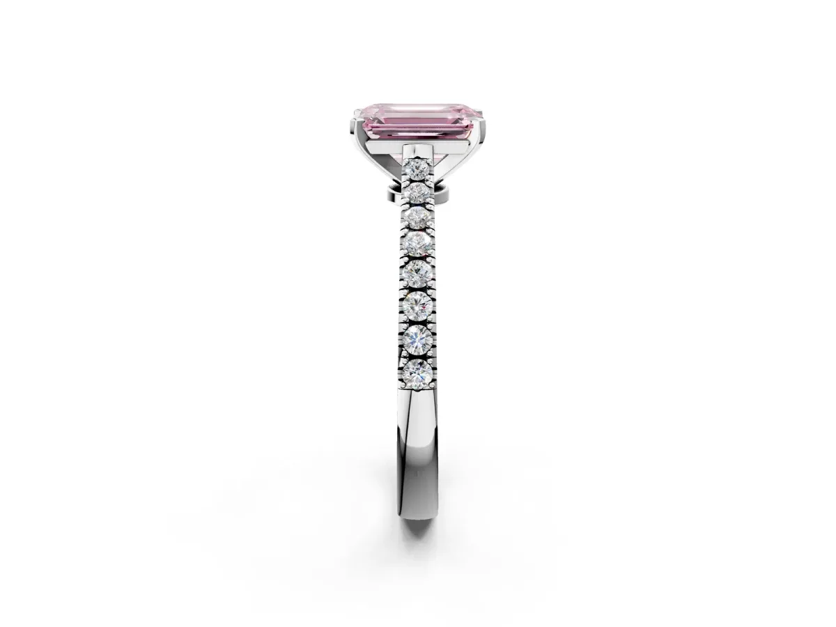 Fancy Pink Emerald Cut Cut Solitaire Diamond Engagement Ring with Pave Band and Four-Prong Setting Silver