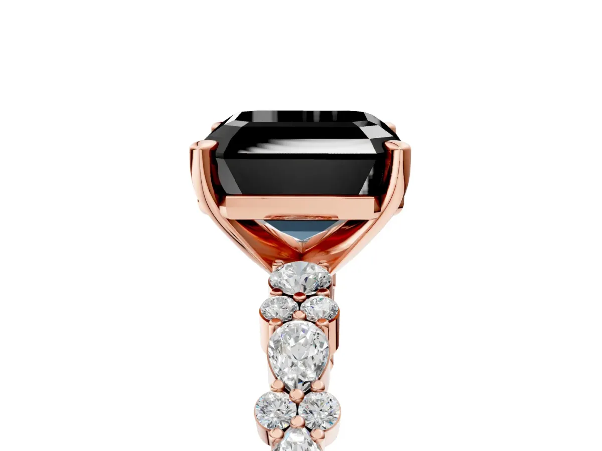 Fancy Black Asscher Cut Diamond Side Stone Solitaire Ring with Round and Four-Prong Setting Rose gold