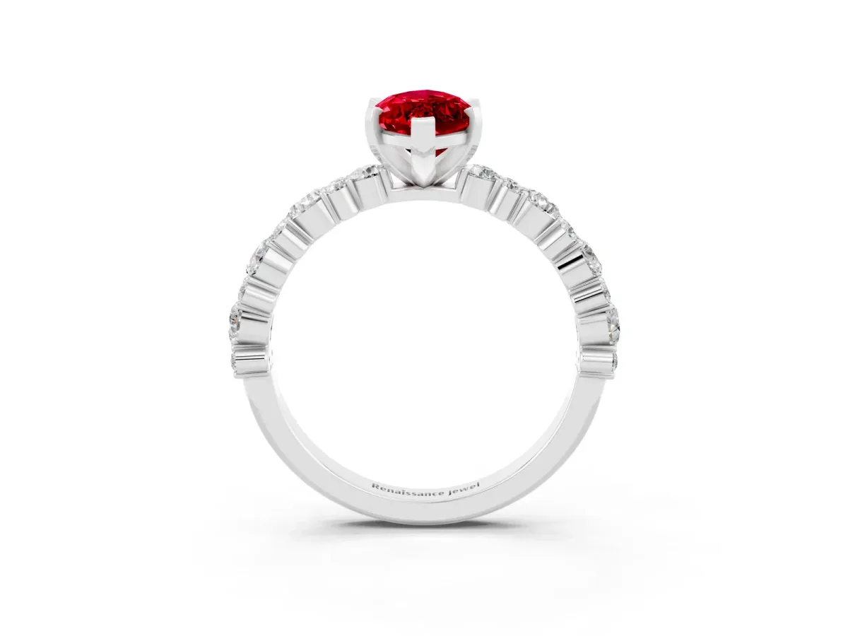Marquise Cut Ruby Side Stone Solitaire Ring with Round and Four-Prong Setting Platinum
