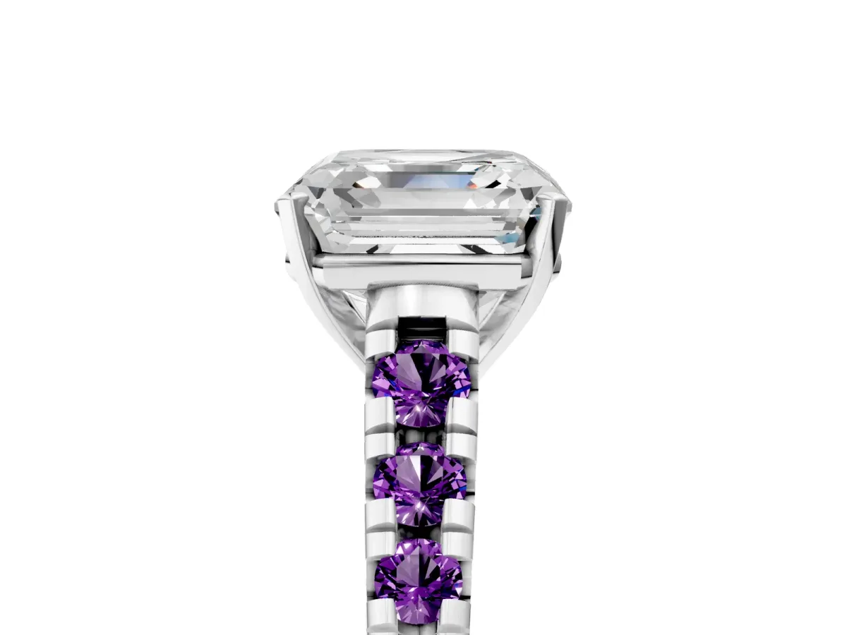 Asscher Cut Diamond Cathedral Solitaire Ring with Round Amethyst Pavé Band Silver