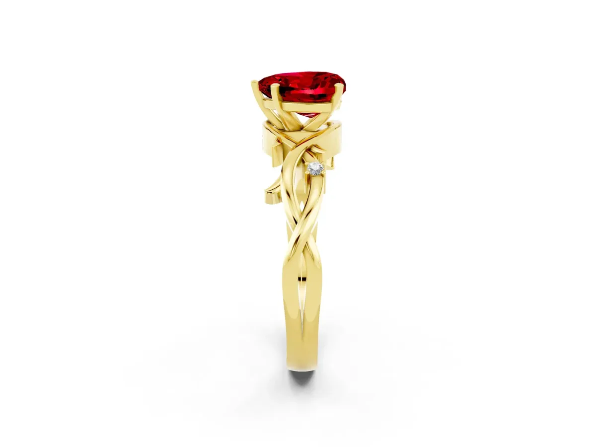 Heart Cut Ruby Solitaire Ring with Twisted Band and Prong Setting Yellow gold