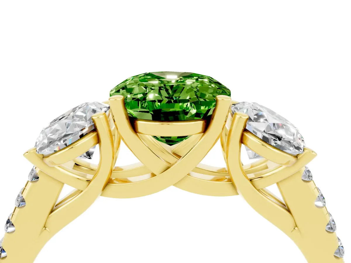 Three-Stone Oval Cut Peridot Ring with Round Pavé Band and Prong Setting Yellow gold