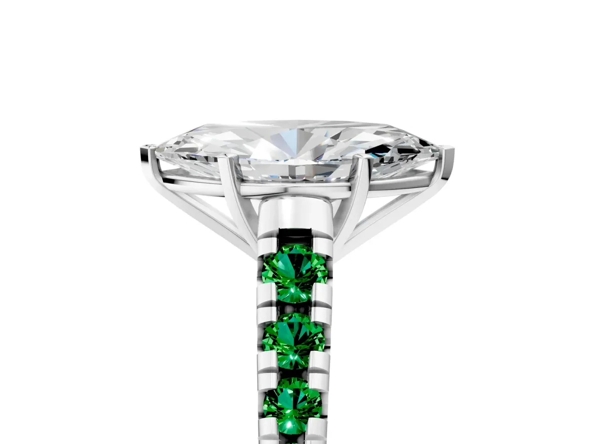 Marquise Cut Diamond Cathedral Solitaire Ring with Round Emerald Pavé Band Silver