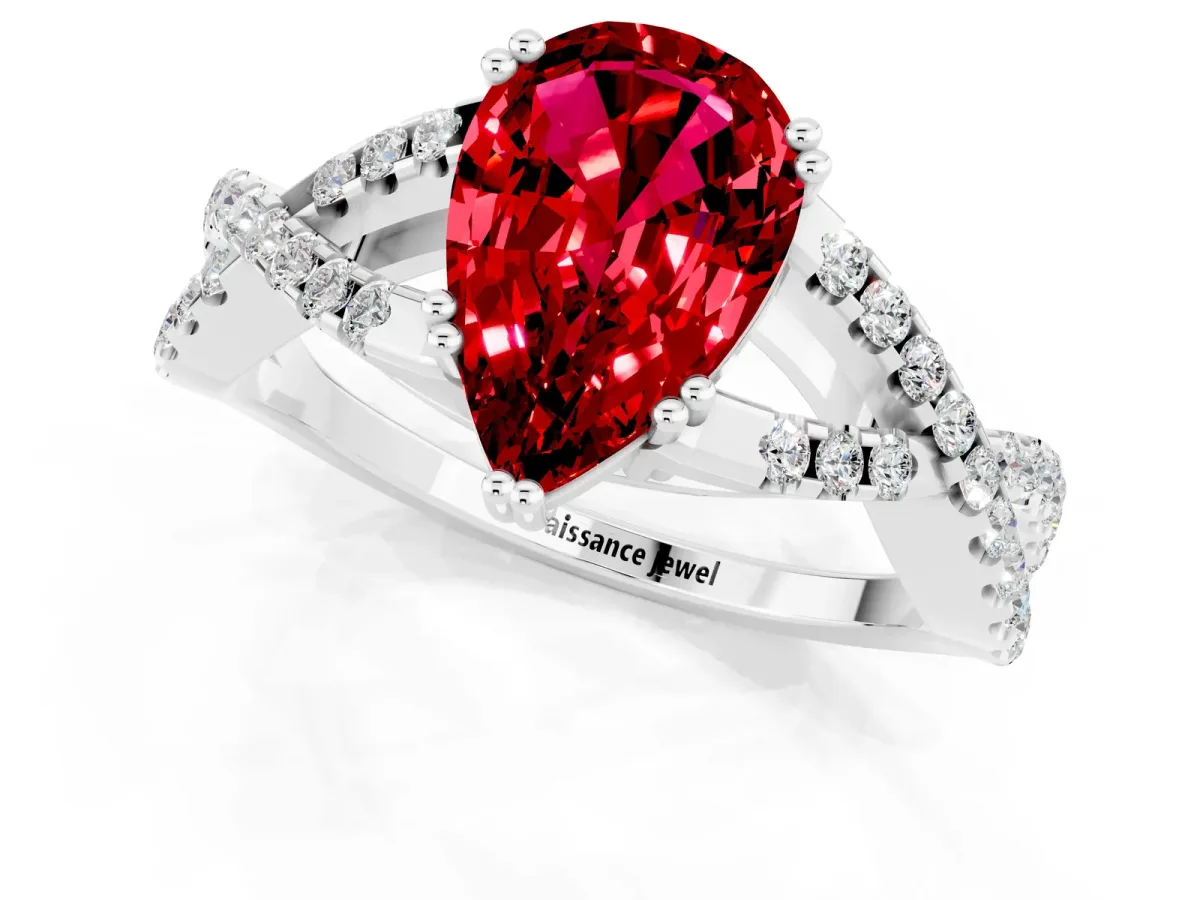 Pear Cut Ruby Solitaire Ring with Four-Prong Setting and Twisted Pavé Band Platinum