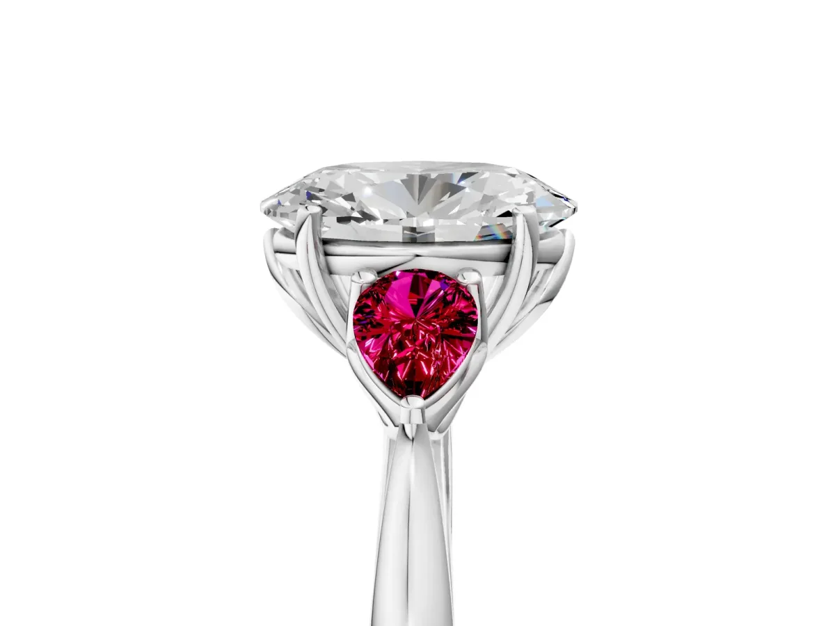 Oval Cut Diamond Three-Stone Ring with Pear Garnet Side Stones and Prong Setting White gold