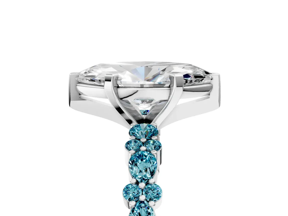 Marquise Cut Diamond Side Stone Solitaire Ring with Round Blue Topaz and Four-Prong Setting Silver