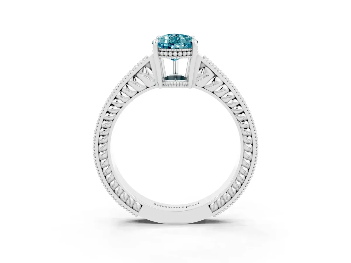 Pear Cut Blue Topaz Ring with Milgrain Pavé Band and Four-Prong Setting Platinum