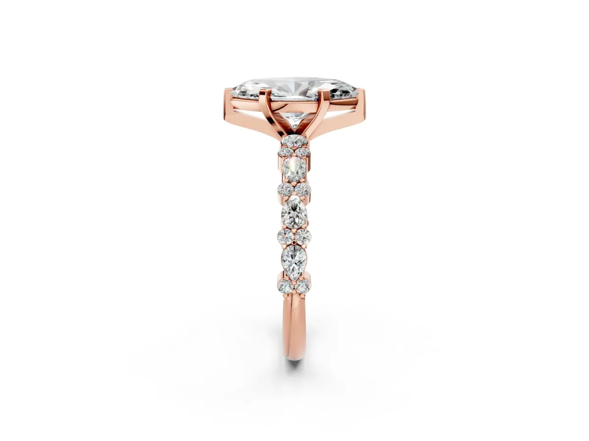 Marquise Cut Diamond Side Stone Solitaire Ring with Round and Four-Prong Setting Rose gold
