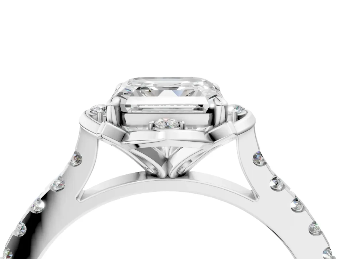 Asscher Cut Diamond Ring with Pavé Band and Floral Prong Setting Platinum