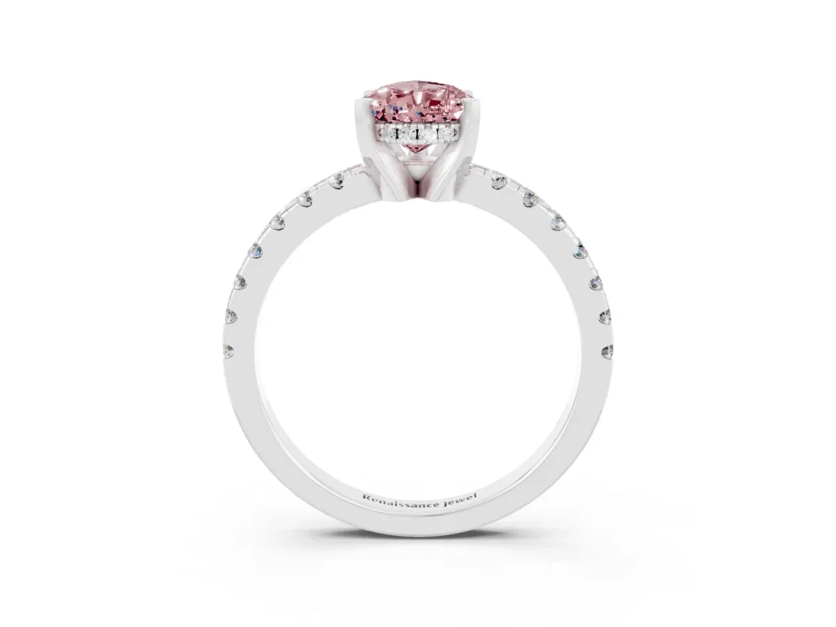 Pear Cut Morganite Solitaire Ring with Round Pavé Band and Four-Prong Setting Silver