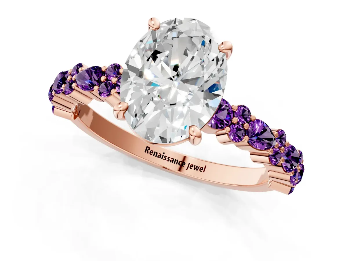 Oval Cut Diamond Side Stone Solitaire Ring with Round Amethyst and Four-Prong Setting Rose gold