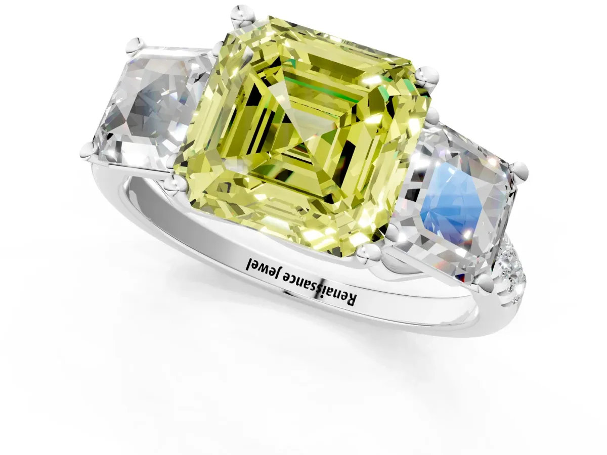 Fancy Yellow Three-Stone Asscher Cut Diamond Ring with Round Pavé Band and Prong Setting Silver