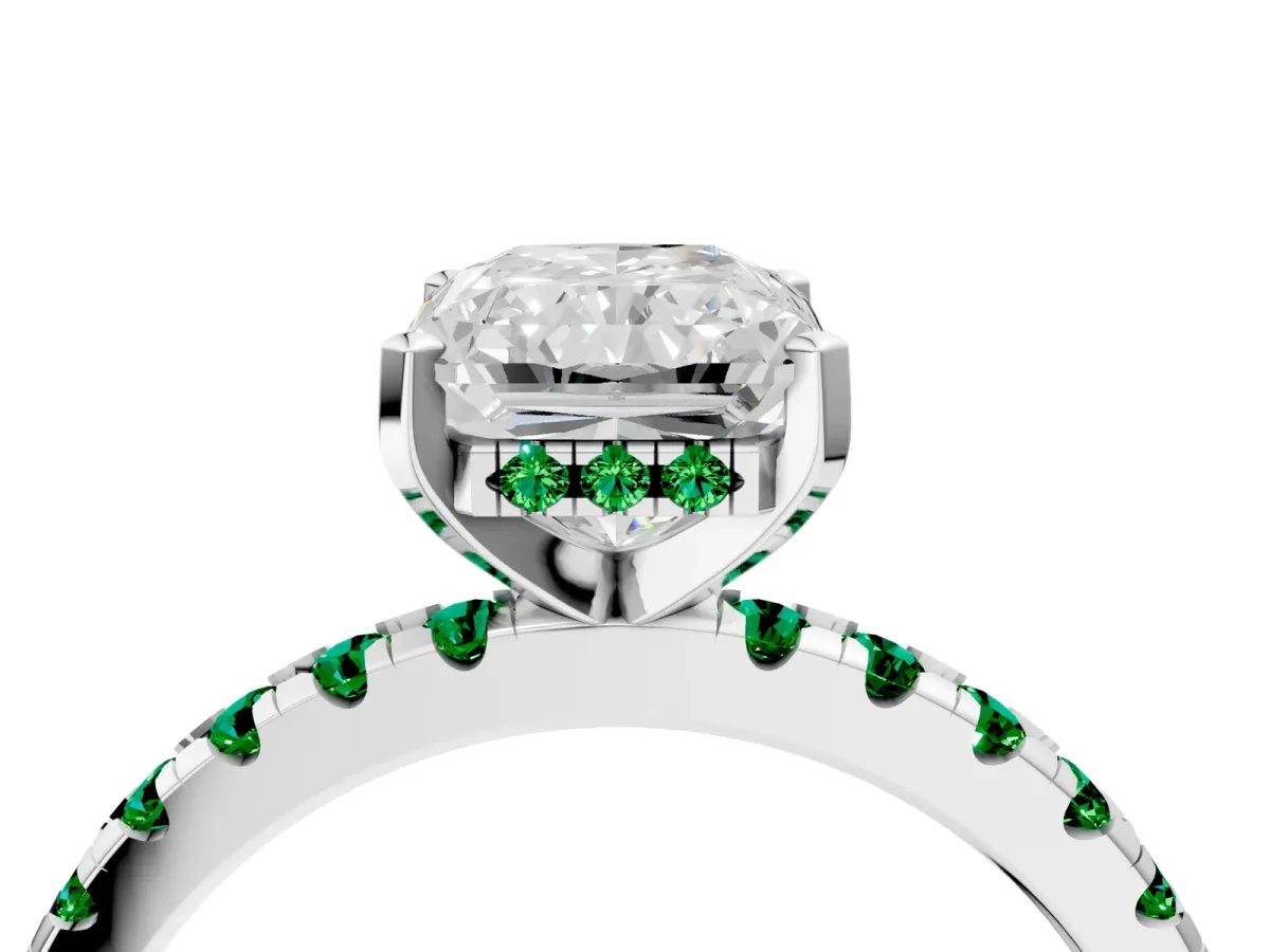 Radiant Cut Diamond Solitaire Ring with Round Emerald Pavé Band and Four-Prong Setting Silver