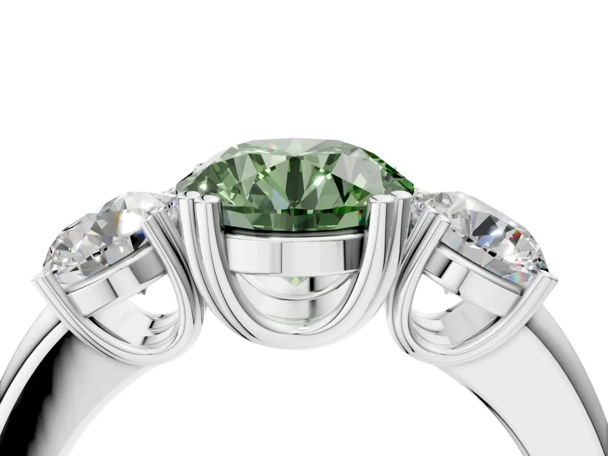 Fancy Green Three-Stone Round Cut Cut Diamond Ring with Channel Set Band and Four-Prong Setting Silver