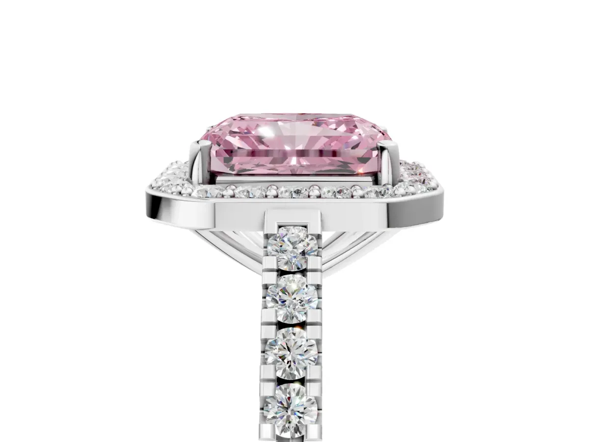 Fancy Pink Radiant Cut Diamond Halo Ring with Round Pavé Split Shank and Prong Setting Platinum