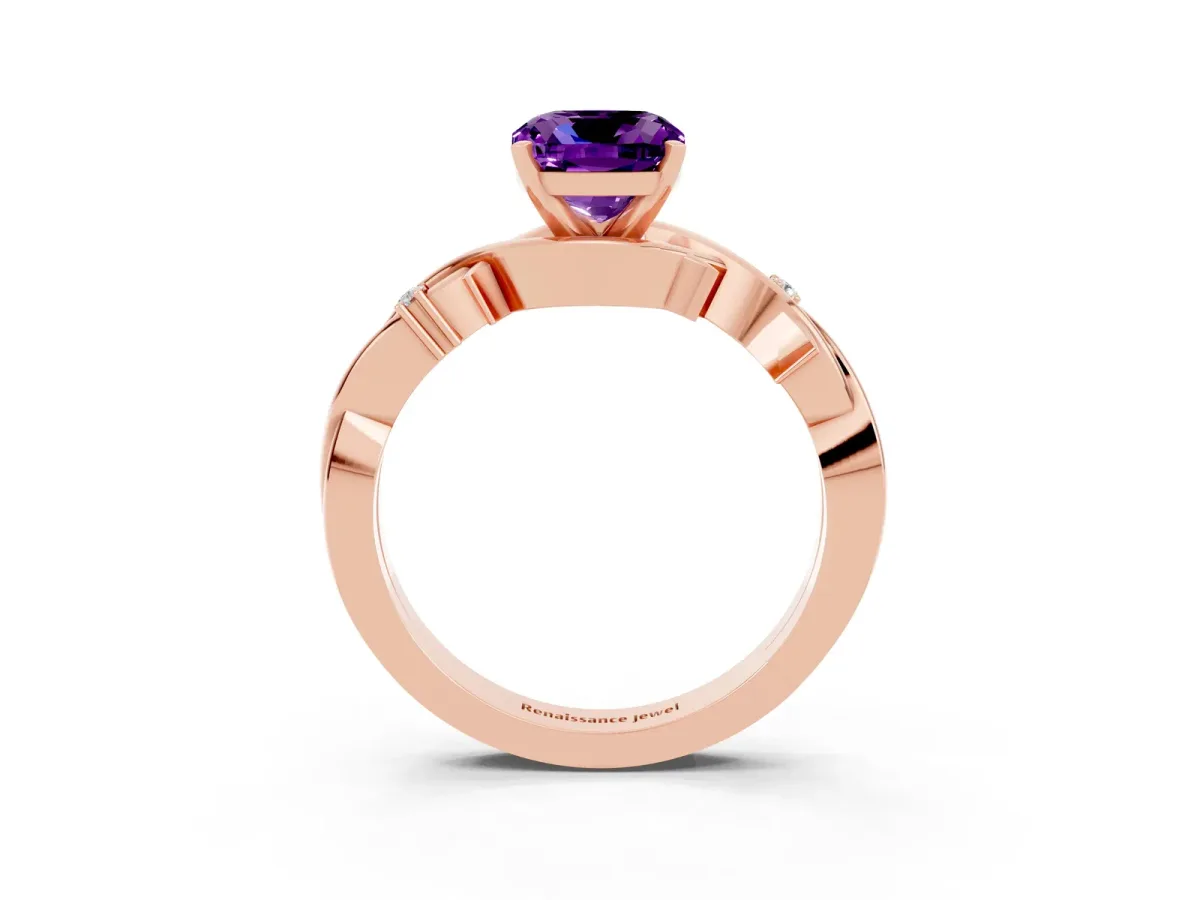 Cushion Cut Amethyst Solitaire Ring with Twisted Band and Prong Setting Rose gold