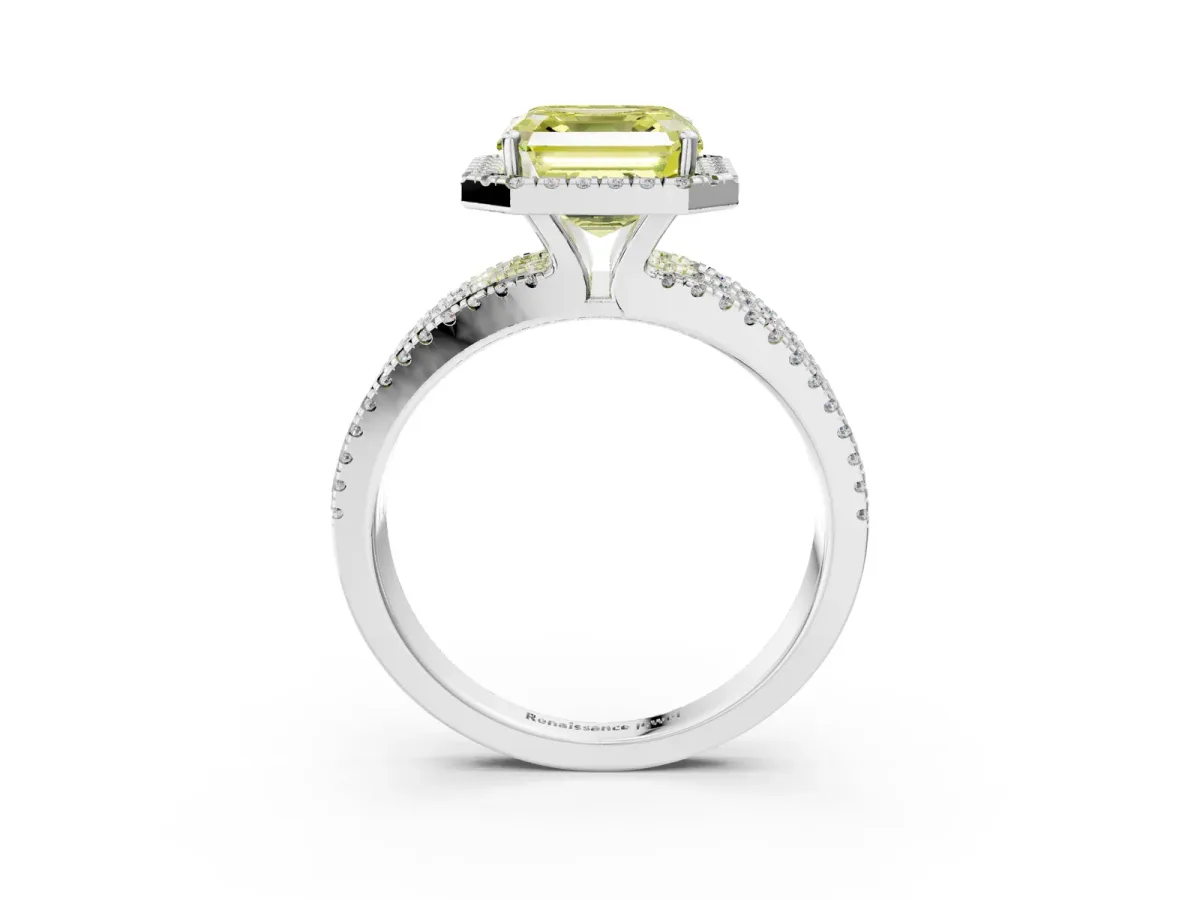 Fancy Yellow Asscher Cut Diamond Halo Engagement Ring with Split Shank and Four-Prong Setting Platinum