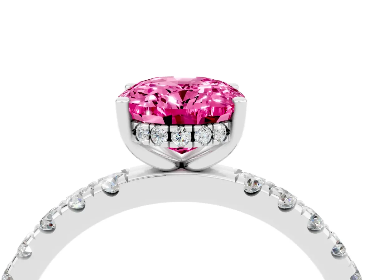 Oval Cut Pink Sapphire Pave Band Solitaire Ring with Round and Prong Setting Platinum