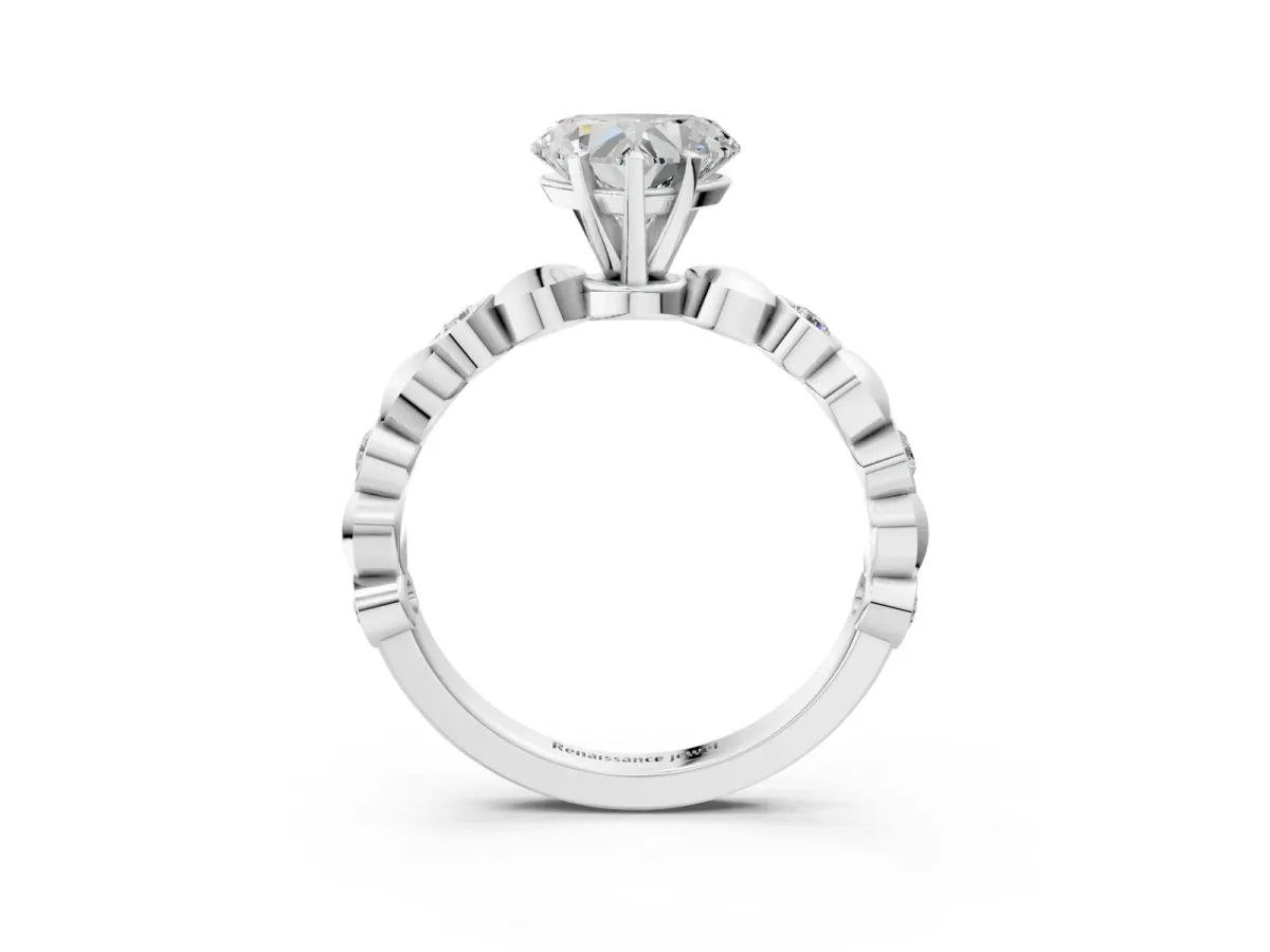 Heart Cut Solitaire Bezel-Set Diamond Ring with Beaded Band and Four-Prong Setting Silver