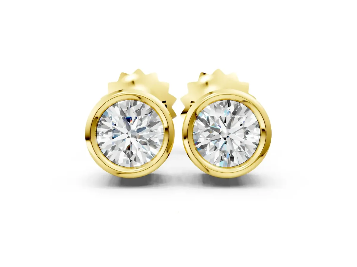 Bezel Set Round Diamond Stud Earrings with Push Back Yellow gold