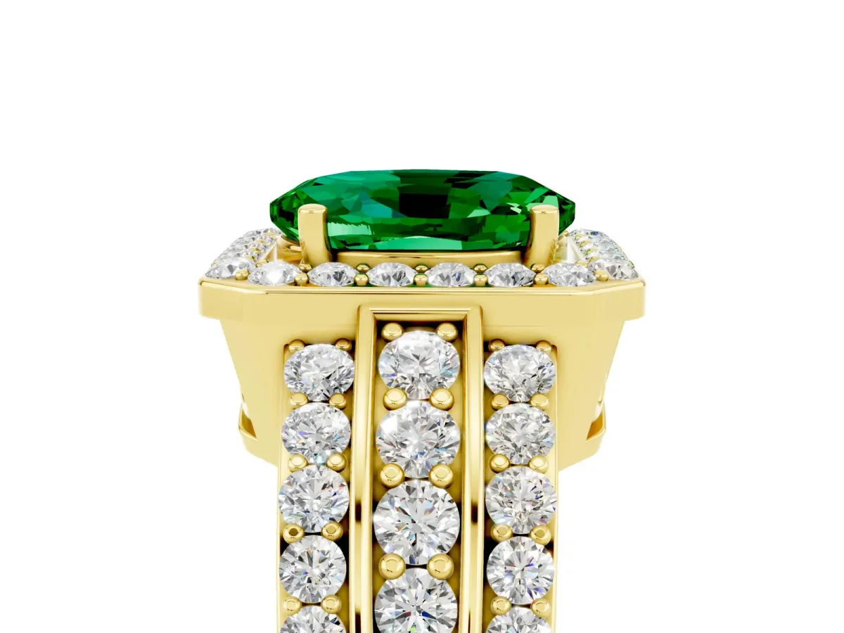 Oval Cut Halo Emerald Ring with Round Split Shank and Prong Setting Yellow gold