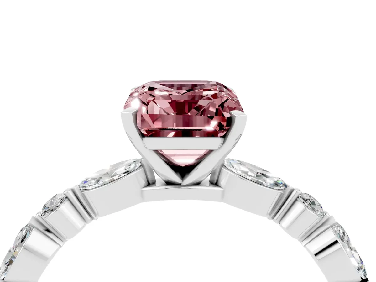 Emerald Cut Morganite Ring with Marquise and Round Side Stones and Four-Prong Setting Silver