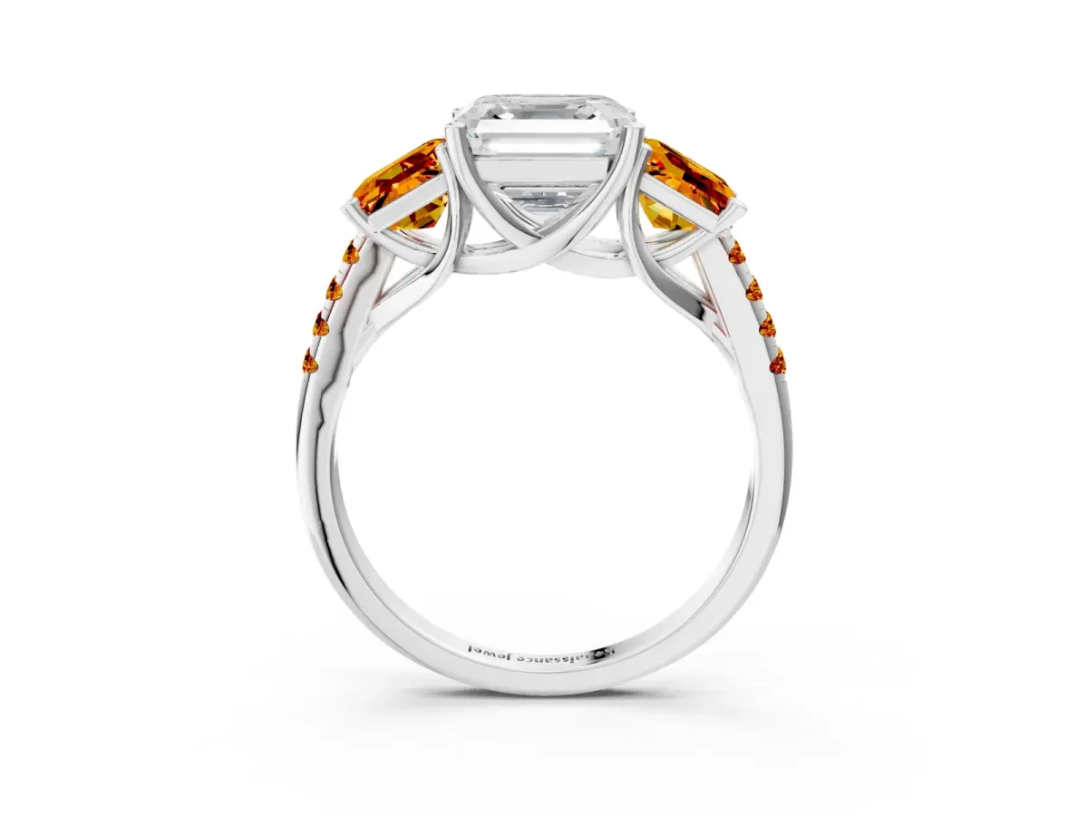 Three-Stone Asscher Cut Diamond Ring with Round Citrine Pavé Band and Prong Setting Silver