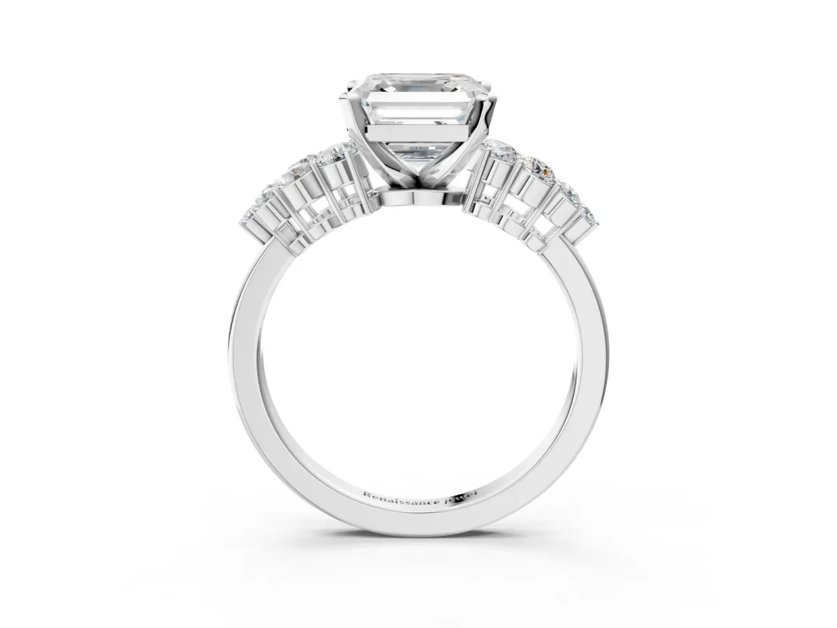 Asscher Cut Cluster Diamond Engagement Ring with Pavé Band and Four-Prong Setting Platinum