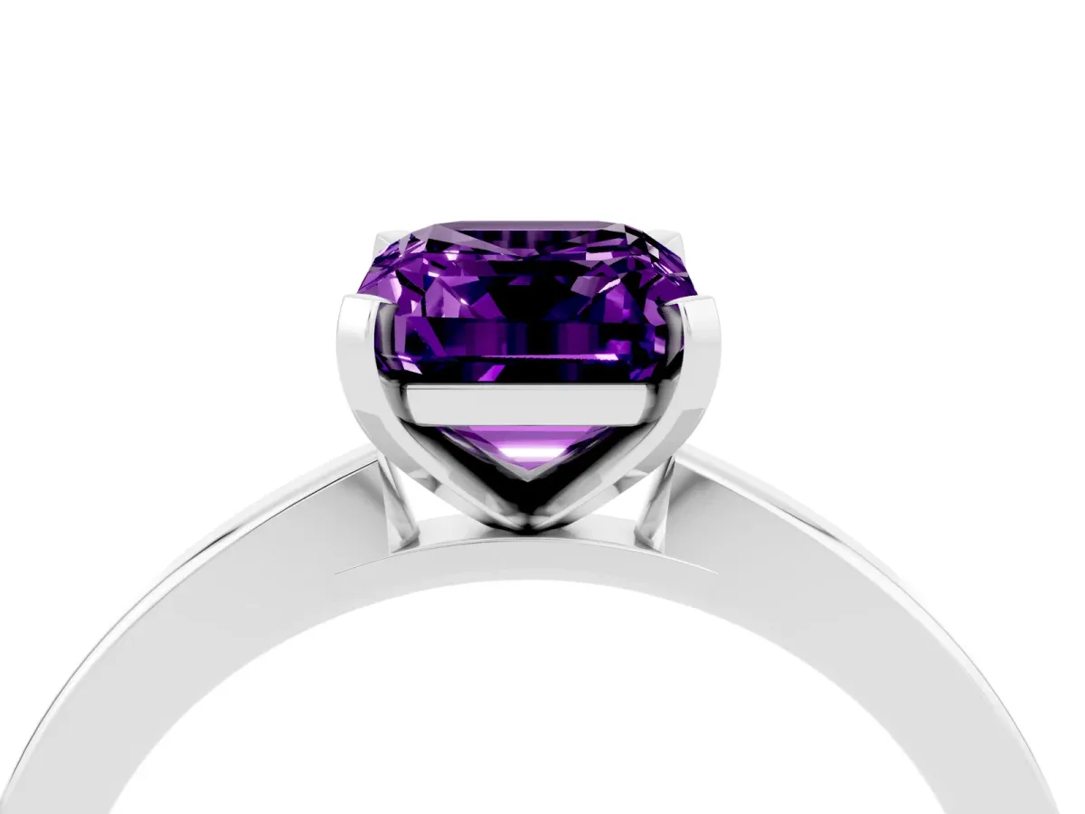 Emerald Cut Amethyst Solitaire Engagement Ring with Classic Band and Four-Prong Setting Silver