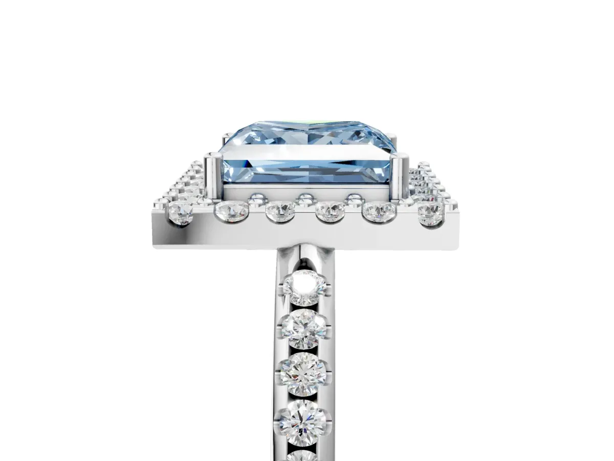 Fancy Blue Princess Cut Diamond Pavé Halo Ring with Four-Prong Setting White gold
