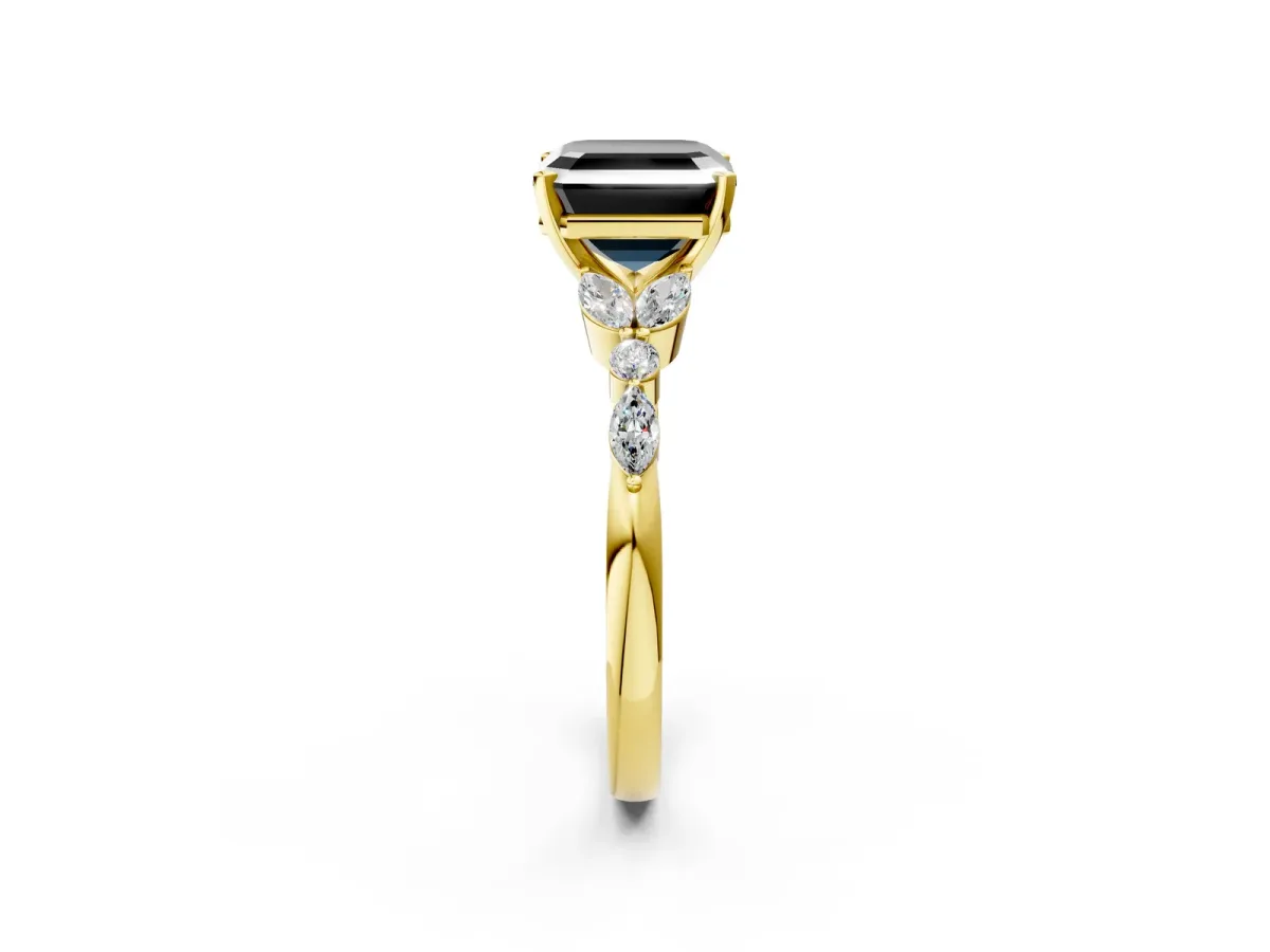 Fancy Black Asscher Cut Diamond Solitaire Ring with Side Stones and Four-Prong Setting Yellow gold