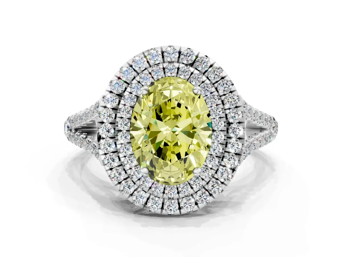 Fancy Yellow Oval Cut Diamond Double Halo Ring with Pavé Band and Prong Setting Silver