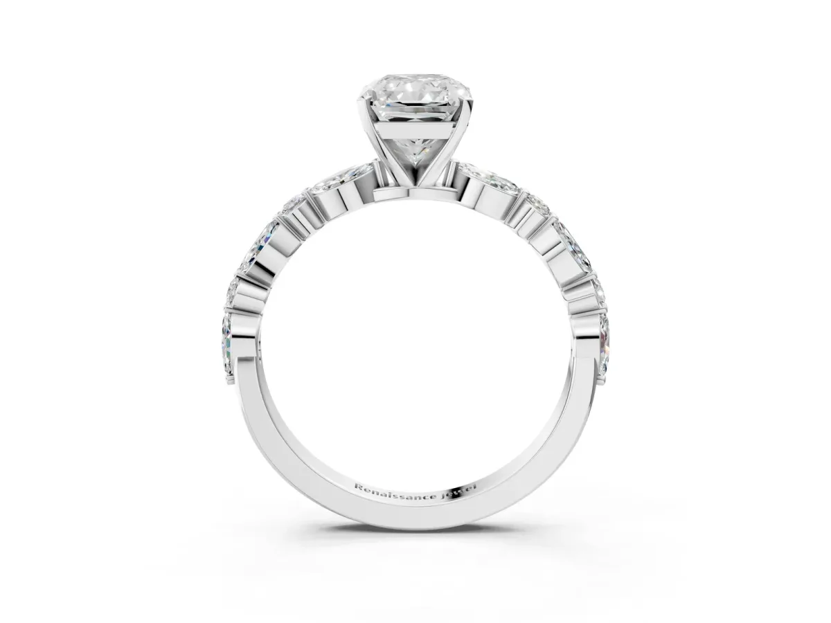 Radiant Cut Diamond Ring with Marquise and Round Side Stones and Four-Prong Setting Silver