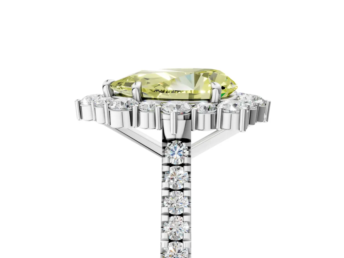 Fancy Yellow Pear Cut Halo Diamond Ring with Pavé Band and Prong Setting Silver