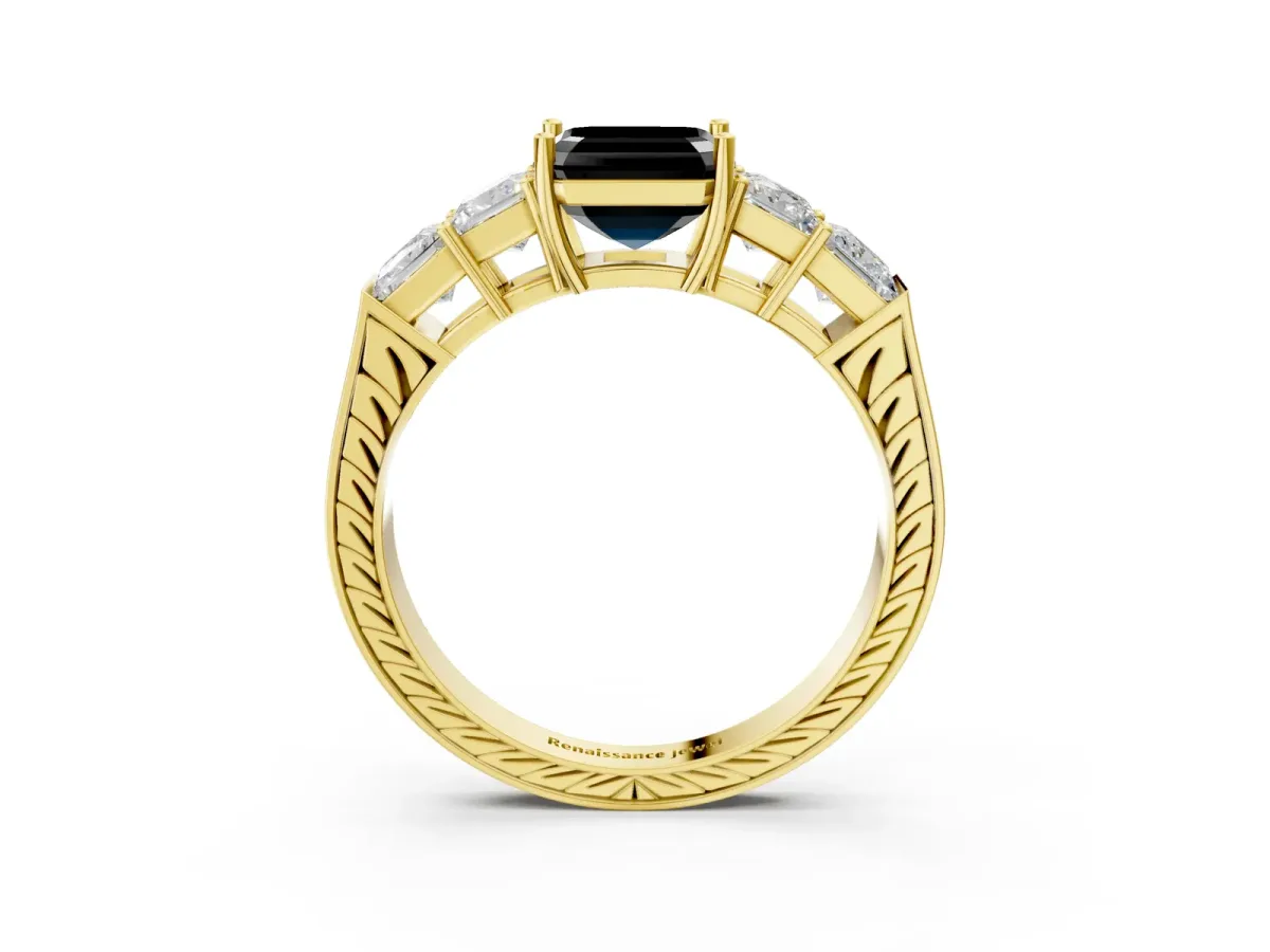 Fancy Black Asscher Cut Solitaire Princess Side Stone Engraved Band Prong Setting Ring Yellow gold