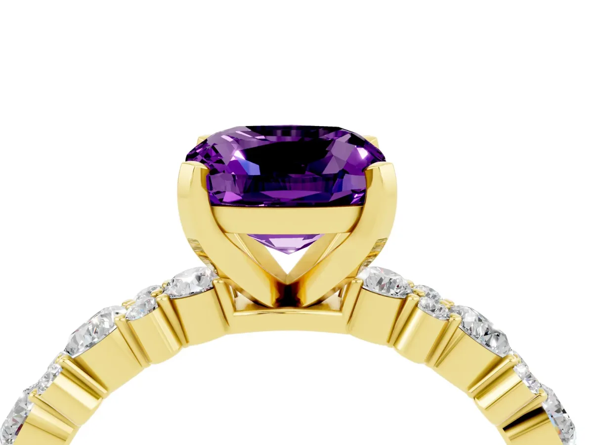 Cushion Cut Amethyst Side Stone Solitaire Ring with Round and Four-Prong Setting Yellow gold