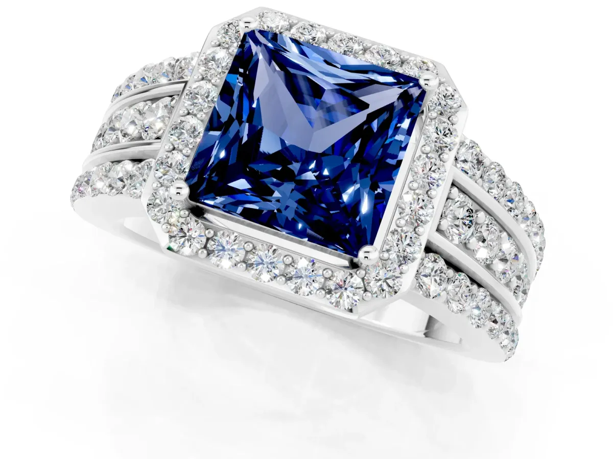 Princess Cut Halo Blue Sapphire Ring with Round Split Shank and Prong Setting Silver