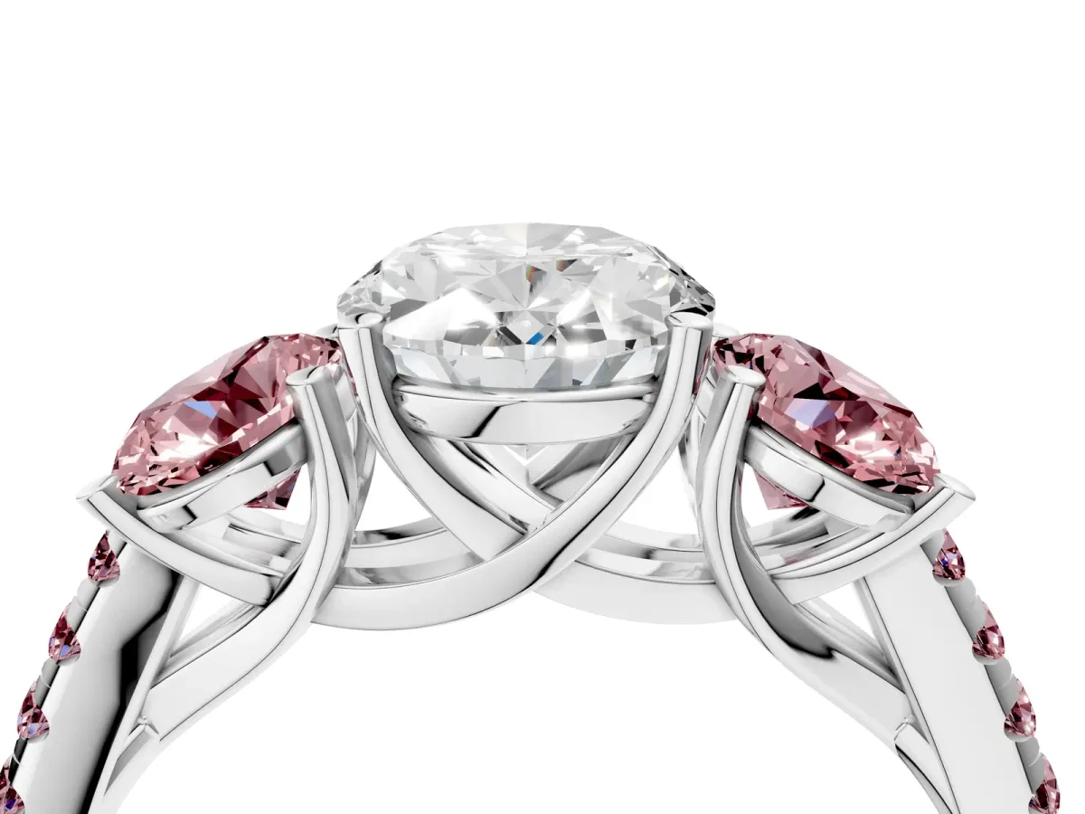 Three-Stone Oval Cut Diamond Ring with Round Morganite Pavé Band and Prong Setting Silver