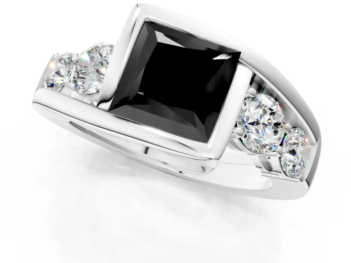 Fancy Black Bezel Set Princess Cut Diamond Bypass Ring with Round Accents Platinum