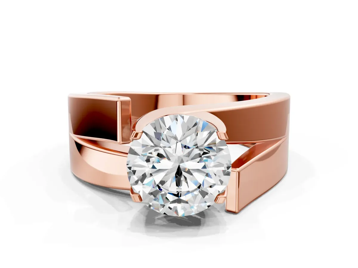 Modern Tension Set Round Cut Diamond Solitaire Wide Band Ring Rose gold