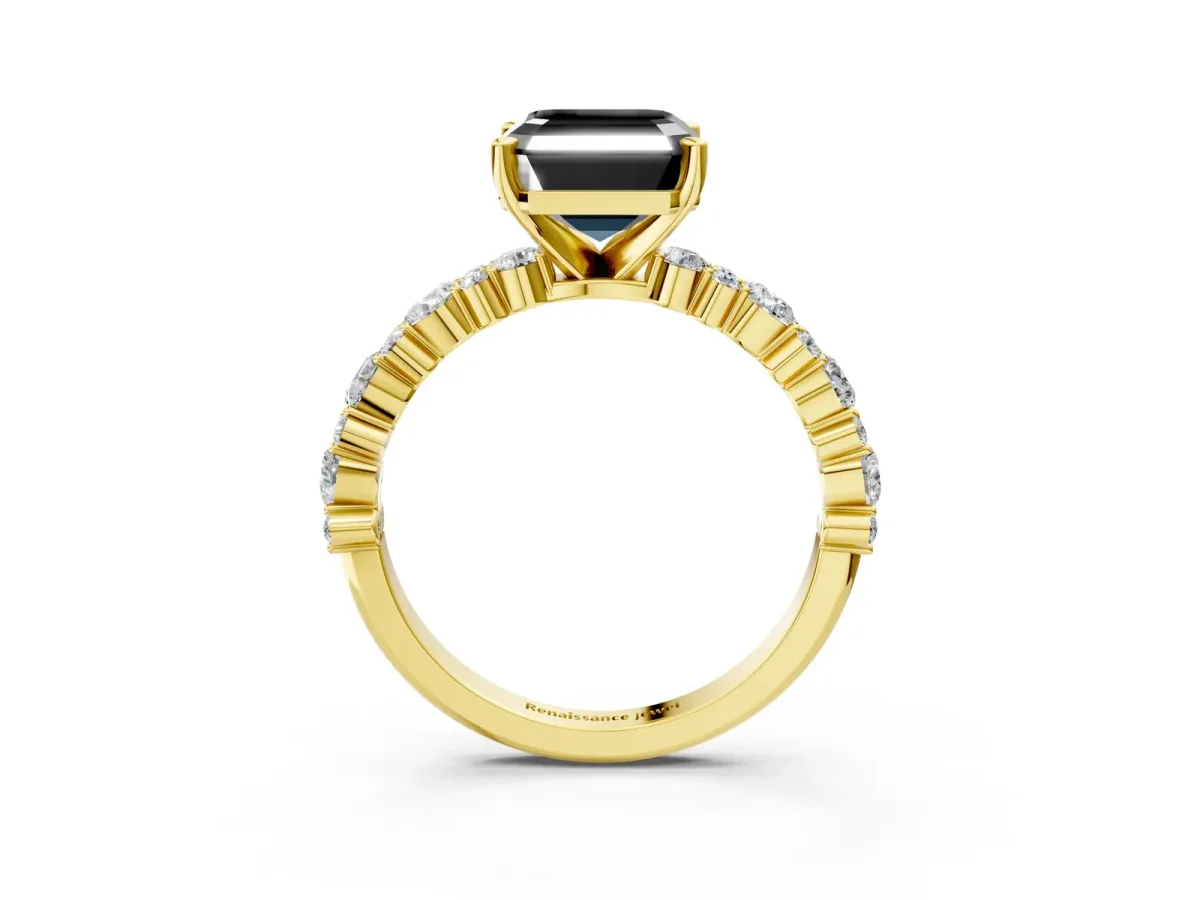 Fancy Black Asscher Cut Diamond Side Stone Solitaire Ring with Round and Four-Prong Setting Yellow gold